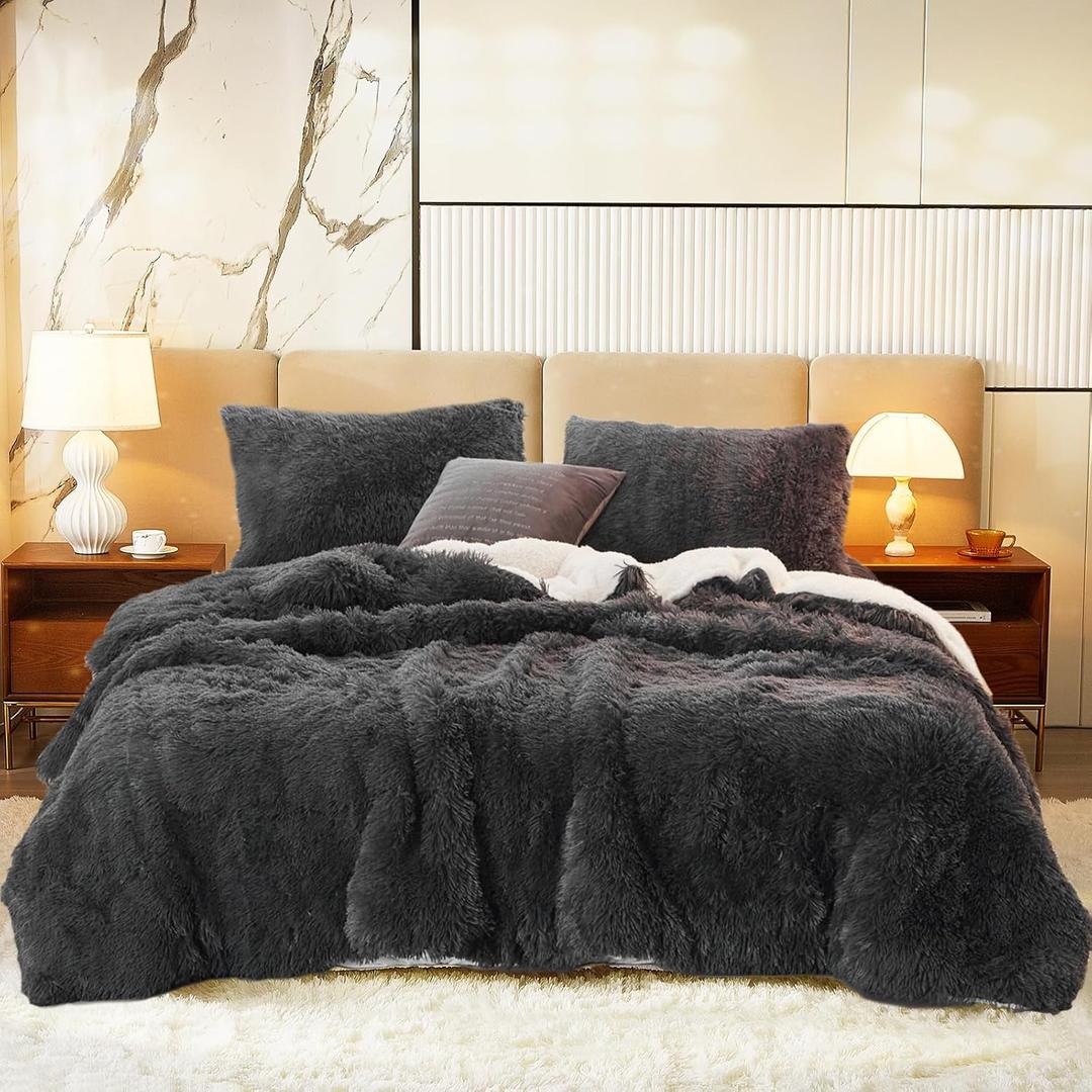 Flysheep Luxury Faux Fur Shaggy Comforter Set King Size, Plush & Sherpa Reversible Comforter Black, 3 Pieces Fluffy Fuzzy Bedding Set Ultra Soft and Warm for Winter (1 Comforter + 2 Pillowcases)