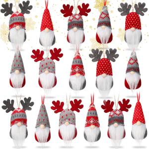Skylety Christmas Tree Hanging Gnomes Plush Christmas Ornaments Elk Swedish Handmade Gnome Decor Mini Halloween Scandinavian Santa Holiday Decoration for Walls Stairs Windows(16 Pieces)
