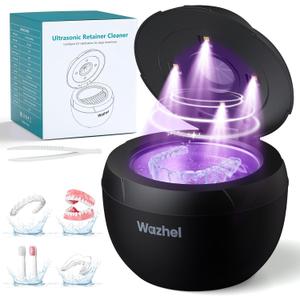 Wazhel Ultrasonic Retainer Cleaner Machine, 45kHz Dental Cleaning Pod for Denture, Mouth Guard, Night Guard, Aligner, Braces, Toothbrush, 200ML Denture Cleaner with Digital Timer & 4 Modes, Black
