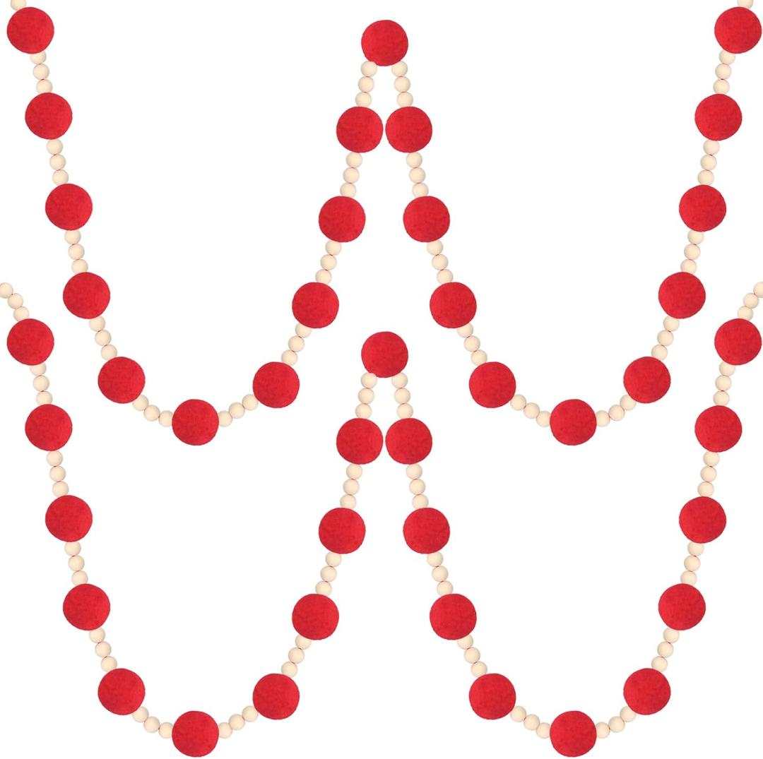 Barydat 2 Pcs 144" Christmas Red Wool Felt Ball Garland with Wood Bead Pom Pom Garland Felt Pompom Decor Christmas Tree Decoration for Wall Ceiling Door Home