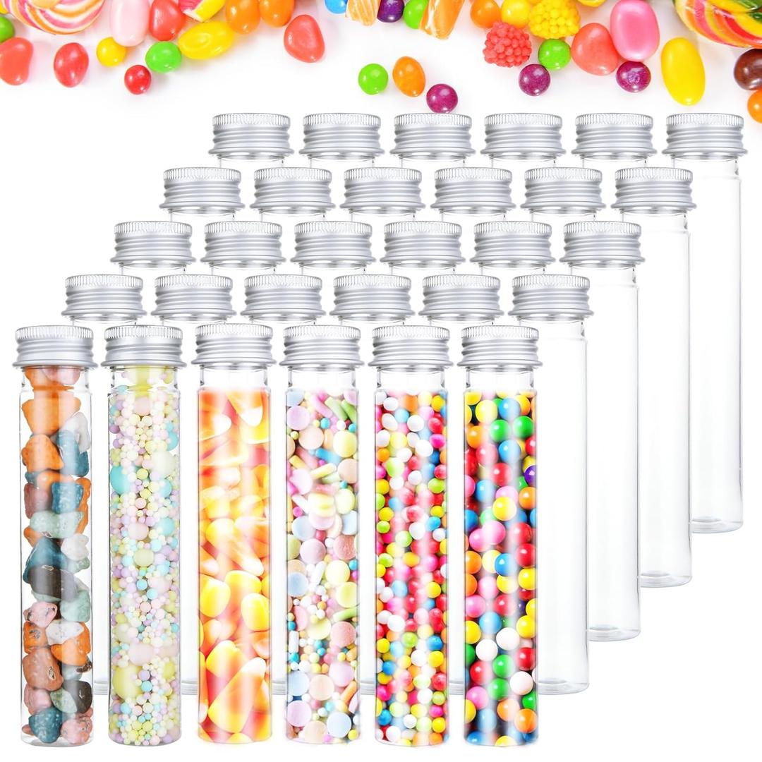 WOPPLXY 50 Pcs 65 ML Plastic Test Tubes with Caps, Plastic Candy Tubes with Screw Caps, Clear Bath Salt Tubes, Gumball Tube for Candy Bath Salts Spices Beads and Wedding Party Christmas Home Dcor