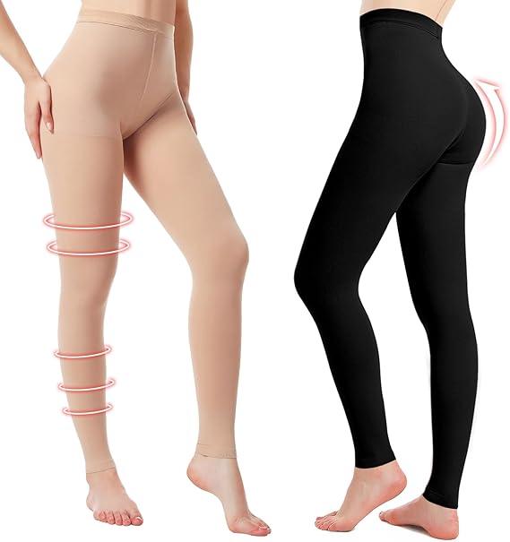 2 Pairs Medical Compression Pantyhose for Women, 20-30mmHg Graduated Support Tight Pants, Opaque Footless 2XL