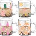 Tioncy 4 Pcs Christmas Coffee Mugs 12 oz Christmas Glass Cups with Handle Xmas Tree Gingerbread Snowflakes Coffee Cup Sweet Xmas Gifts Drinking Containers for Holiday Party