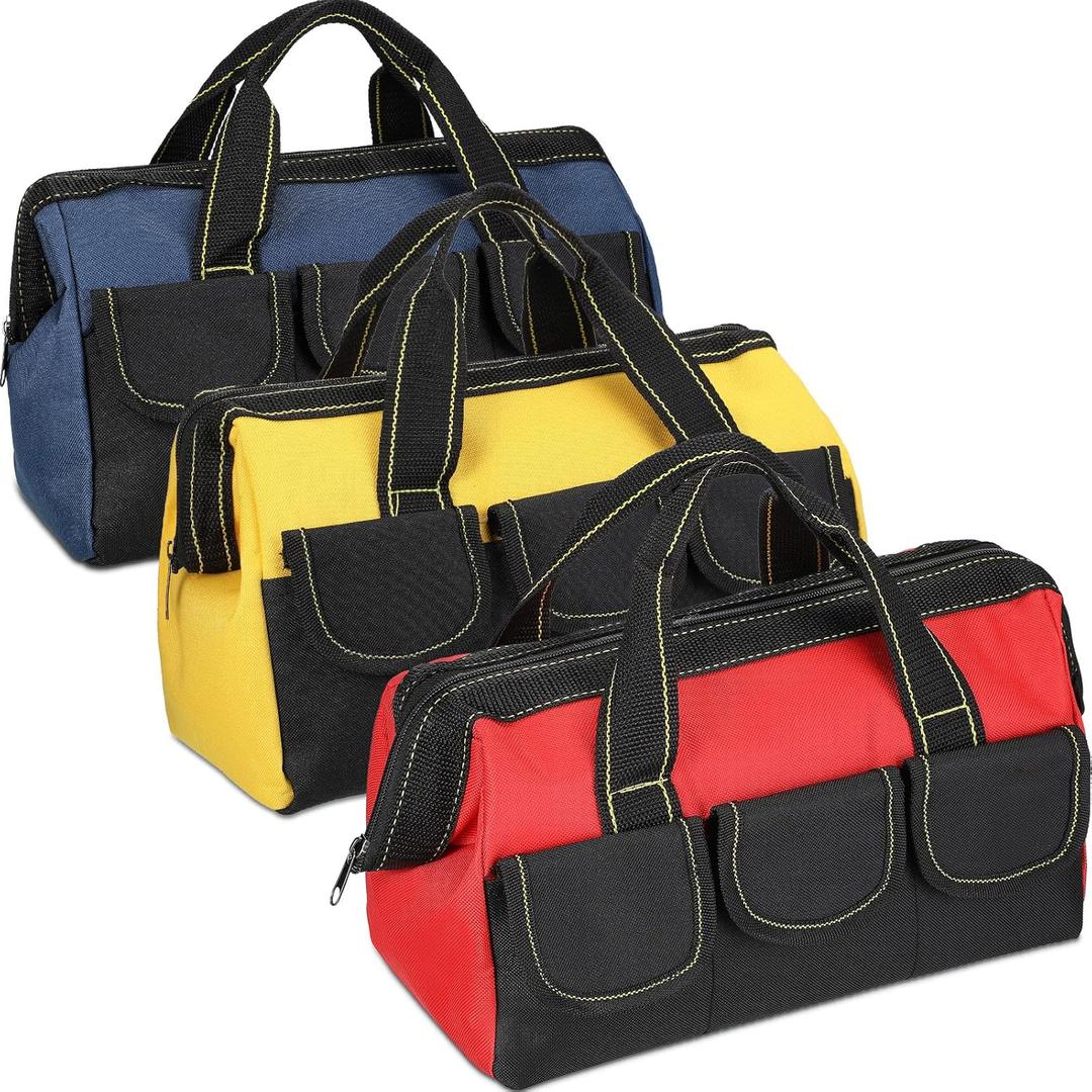 Sanwuta 3 Pack Tool Bag for Men with Waterproof Hard Bottom, Heavy Duty Tool Bag Wide Mouth Tote for Various Instrument, Electrician Carpenter Mechanic(16 Inch,Blue, Red, Yellow)