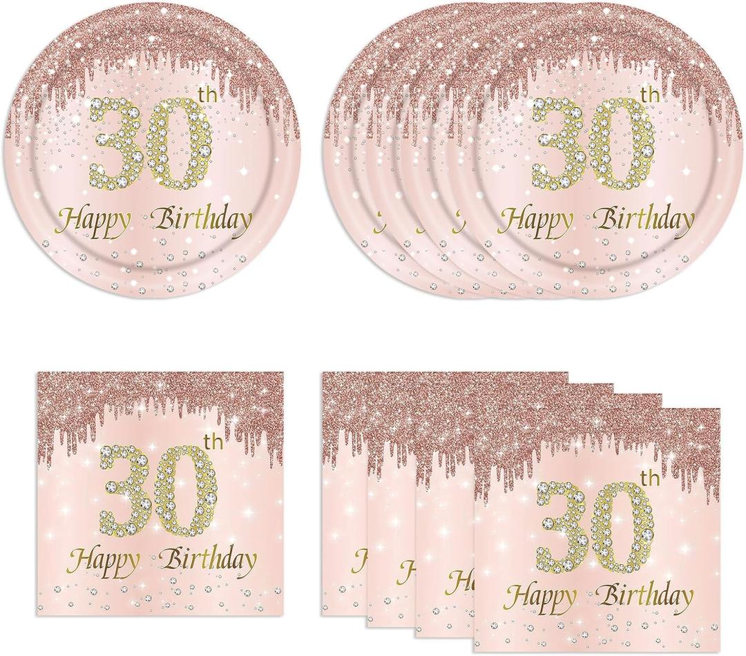 30th Rose Gold Birthday Plates and Napkins, 9 Inch Pink Rose Gold Disposable Dinner Dessert Plates Happy 30th Birthday Party Supplies Decorations for Girls Women