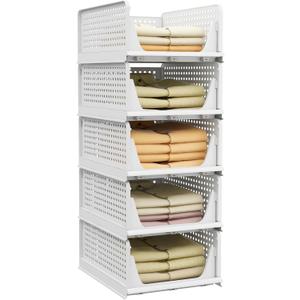 Pinkpum Stackable Plastic Storage Basket-Foldable Closet Organizers and Storage Bins 5 Pack Drawer Shelf Storage Container for Wardrobe Cupboard Kitchen Bathroom Office 5L (White)