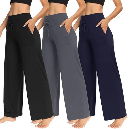 TNNZEET 3 Pack Women's Wide Leg Pants with Pockets - Casual Loose Yoga Trousers Sweatpants Palazzo Lounge Pajama Pants 2 XL (Grey, Black, Navy)