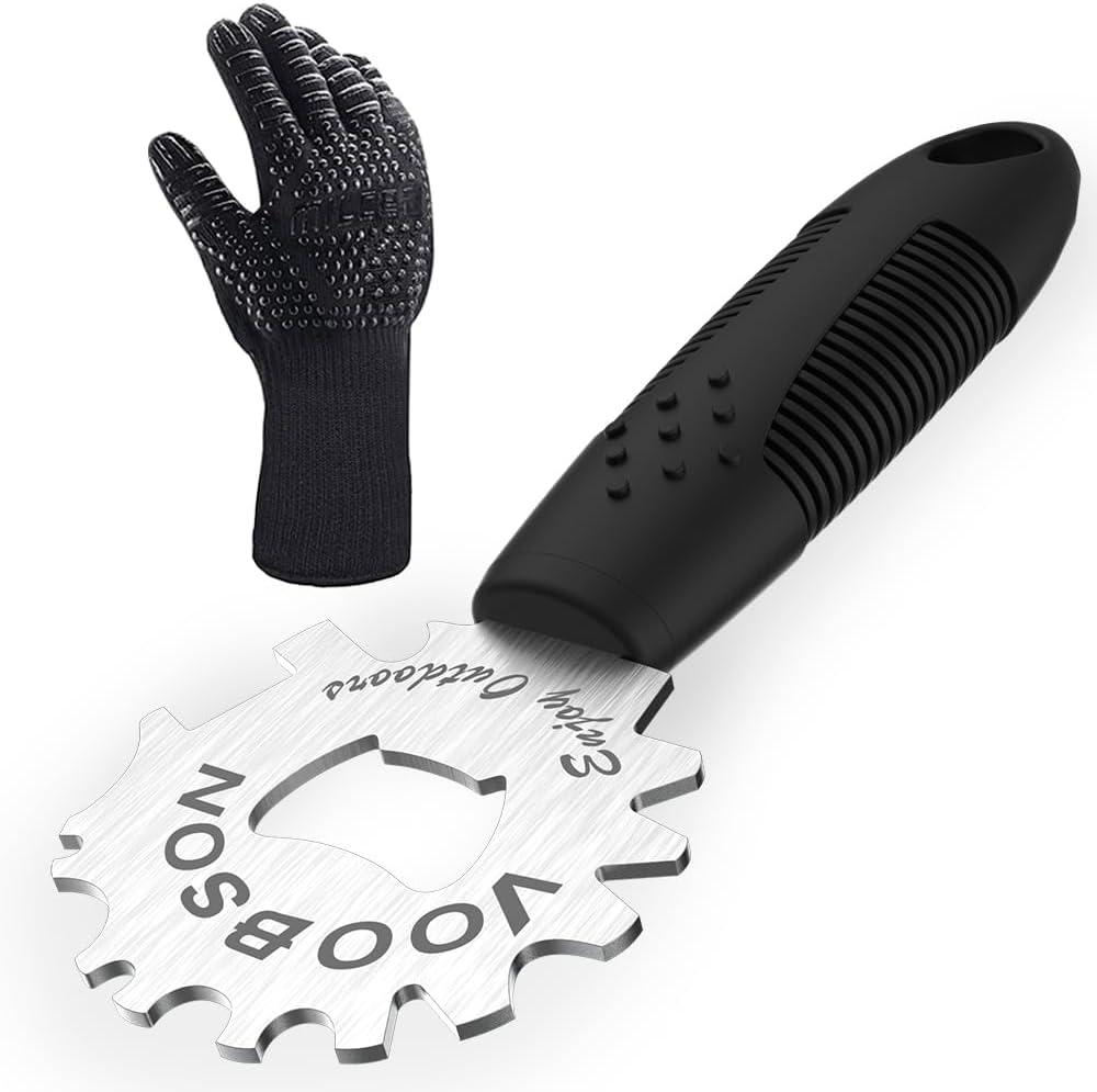 Grill Scraper Tool - Bristle Free Safe BBQ Cleaner with 1 Reusable Cleaning Gloves - Stainless Steel Heavy Duty Barbecue Brush Substitute Extended Handle & Bottle Opener Accessories