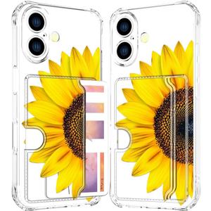 Compatible with iPhone 17 Case Card Holder for Women Cute Design,Wallet Phone Cases Transparent Cool Kawaii Protective (Clear Sunflower Sun Flower)