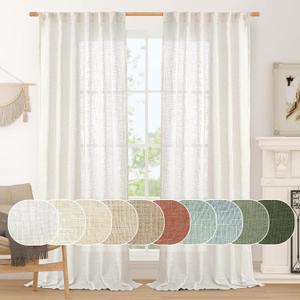 LAMIT 95 Inches Long Cream Linen Curtains for Living Room, Back Tab and Rod Pocket Linen Textured Curtains Light Filtering Boho Drapes for Bedroom/Dining Room, Set of 2, 52 x 95 Inch