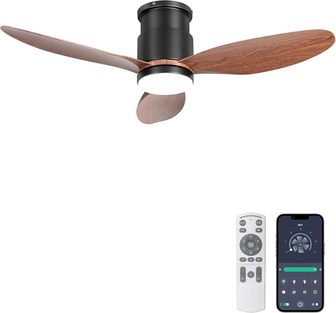 Ohniyou 42 Low Profile Ceiling Fan with Lights, Remote & APP Control Flush Mount Indoor Ceiling Fans 3 Blades, Dimmable, Reversible DC Motor, Walnut