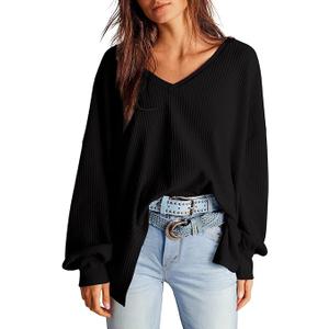 Womens Waffle Knit Tops Fashion 2026 Long Lantern Sleeve Casual Blouses V Neck Oversized T Shirts, XXL