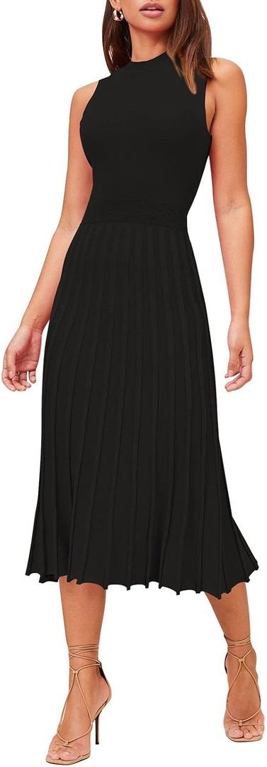 Pink Queen Women's Crew Neck Sleeveless High Waisted Bodycon Pleated Ribbed Swing Knit Midi Dresses (X-Large, Black)