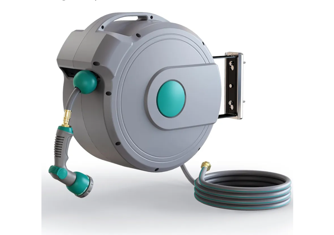 Retractable Garden Hose Reel,1/2 in x 100 ft Wall Mounted Hose Reel, with 10- Function Sprayer Nozzle, Any Length Lock/Slow Return System/Wall Mounted/180°Swivel Bracket (Grey)