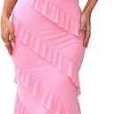 HOCILLE Women's Sexy V Neck Backless Bodycon Spaghetti Strap Elegant Ruffle Maxi Cocktail Party Dresses (Medium, Pink)