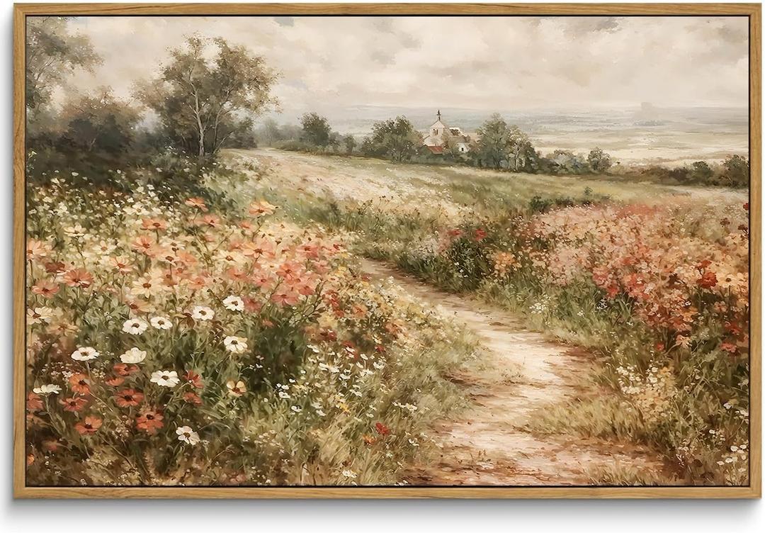 Framed Canvas Wall Art Vintage Decor, Vintage Painting Wall Art Prints, Landscape Wall Art for Living Room Bedroom Home Bathroom Wall Decor (16 x 24 Inch Framed, Wildflower Field)