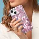 NITITOP Compatible for iPhone 14 Plus / 15 Plus Case Cute Flower Floral Leave for Women Girl Glitter Shiny Feather Yarn Style Aesthetic Shockproof Hard Protective Phone Cover - Pink