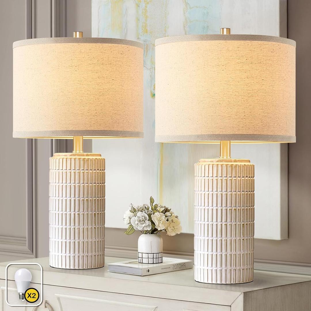 AIEAMPDO 23'' Set of 2 Modern Ceramic Table Lamps for Living Room Bedroom, Nightstand Farmhouse Beige White Desk Lamp for Bedside End Table Entryway, 2 LED Bulbs Included