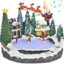 Christmas Village Ice Skating Pond Animated Decorations, Lighted Musical Winter Snow Village House Rink Building Figurine with Skaters Santa Sleigh and Reindeer, LED Light Up Holiday Indoor Town Decor