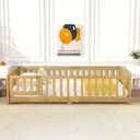 KEIKI Twin Size Floor Bed with Guardrails & Door, Montessori-Inspired, Sturdy Wood Frame with Slats for Kids, Natural