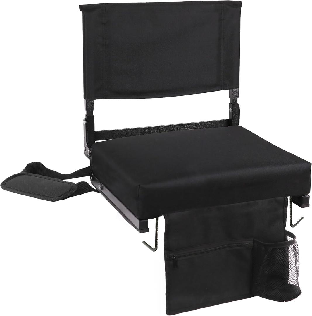 Stadium Seats with Back Support - Padded Portable Bleacher Chair with Shoulder Strap - 18.5in High Backrest Bleacher Chair Includes 2 Hooks and Cup Holder (Black)