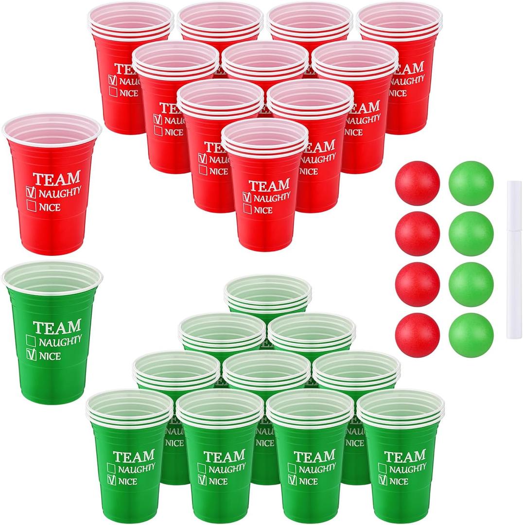 38 Pcs Christmas Game Supplies Set 16 oz Team Naughty/Nice Reusable Plastic Cups 8 Red Green Balls and A Pen for Christmas House Party Supplies Concerts Birthdays BBQ Holidays