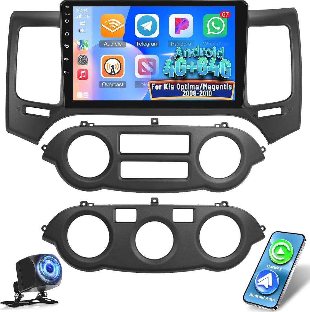 [4+64G] NHOPEEW Car Radio for Kia Optima/Magentis 2008-2010 with Wireless Carplay and Android Auto - 9 Inch Touchscreen Android Car Stereo - EQ Audio/GPS/WiFi/SWC/Bluetooth + AHD Backup Camera