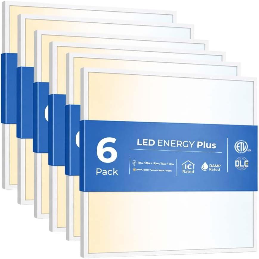 6 Pack 2x2 LED Flat Panel Light for Drop Ceiling, 5200lm Selectable 20W/25W/30W/35W/40W, Color Temperature 3000K/3500K/4000K/5000K/6500K, 0-10V Dimmable, 120-277V, ETL, DLC