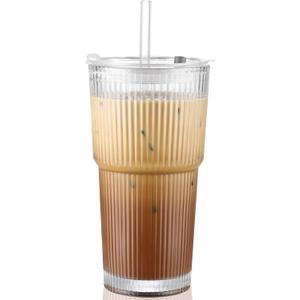 20 oz Glass Cup with Lid and Straw, Glass Tumbler with Straw and Lid, Vintage Glassware for Whiskey Cocktail Beer, Iced Coffee Cups with Lid (1 PACK)