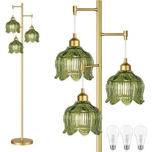 QIYIZM Gold Floor Lamp for Living Room,Bedroom,Mid Century Modern Standing Lamp Brass Tree 3 Light Tall Floor Lamps Vintage Retro Floor Lights Glass Green Flower Lamp Shade Farmhouse Boho Bohemian