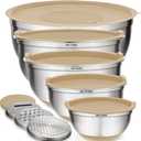 Belwares Mixing Bowls with Lids Set of 5 - Stainless Steel Nesting Bowls with Non-Slip Silicone Bottoms, Airtight Lids & 3 Grater Attachments Kitchen Baking Bowls for Food Prep & Storage (Khaki)