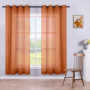 Grommet Burnt Orange Sheer Curtains 72 Inch Length 2 Panels Bohemian Autumn Boho Fall Decor Rust Faux Linen Semi Sheer Thanksgiving Curtains for Bathroom Dining Room Bedroom Nursery 52x72 Long