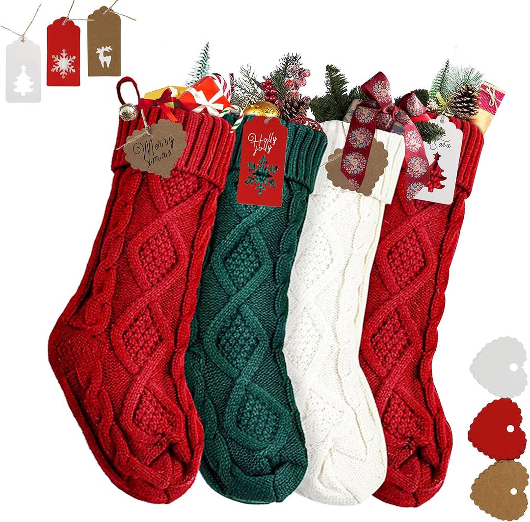 RFAQK 18 Inches Large Christmas Stockings 4 Pack - Burgundy Red, Ivory White, Green - Stretchable Knitted Xmas Stockings with 50Pcs Personalizeable Gift Tags for Family Holiday Christmas Dcor