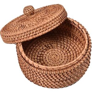 Small Rattan Basket Organizer with Lid for Bread, Woven Food Snacks Basket, Multipurpose Storage Basket for Cotton Swabs, Round Controller Table Organizer Box