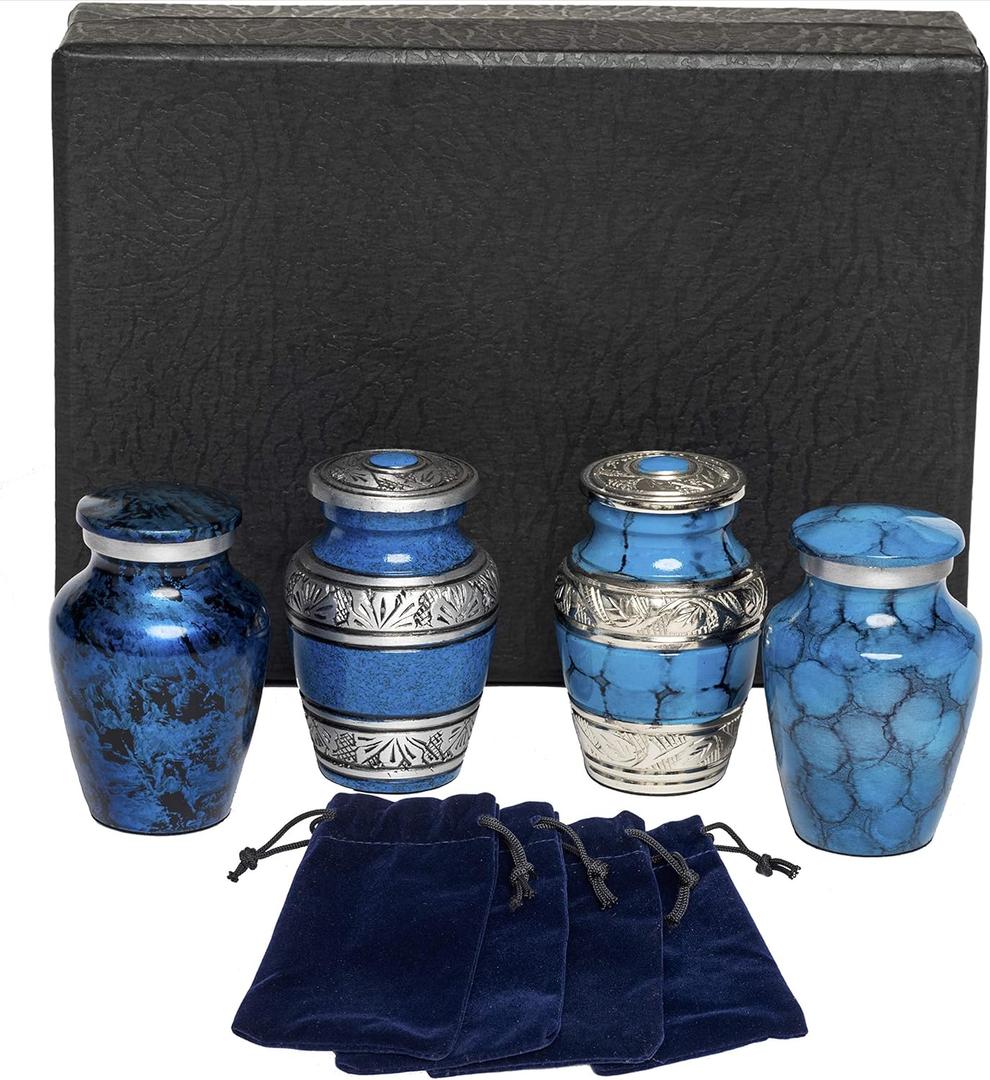 Eternal Harmony Small Keepsake Urn 4-Pack, Male & Female Mini Urns for Human Ashes with Elegant Finishes, Secure Seal & Velvet Bag, Small Urns for Ashes Up to 3 Cubic Inches (Blue)