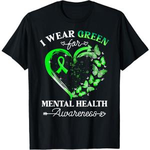 I Wear Green For Mental Health Awareness Butterfly Heart T-Shirt (XL, Black)