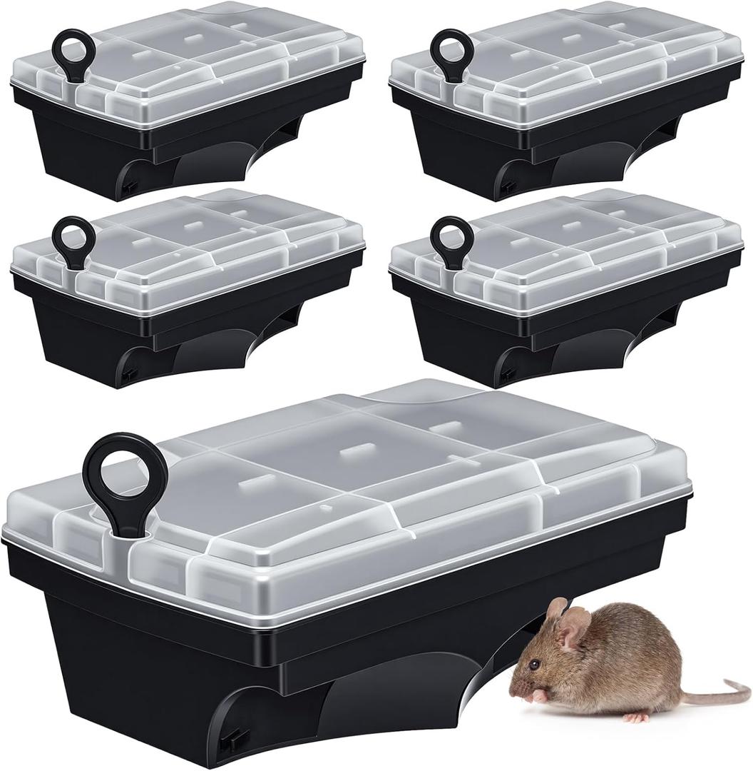 6 Pack Rat Bait Stations with Key Reusable Mouse Stations Mice Blocks Heavy Duty Boxes for Outdoor Rodents Mice Blocks, Bait Not Included (Transparent Lid,Black)