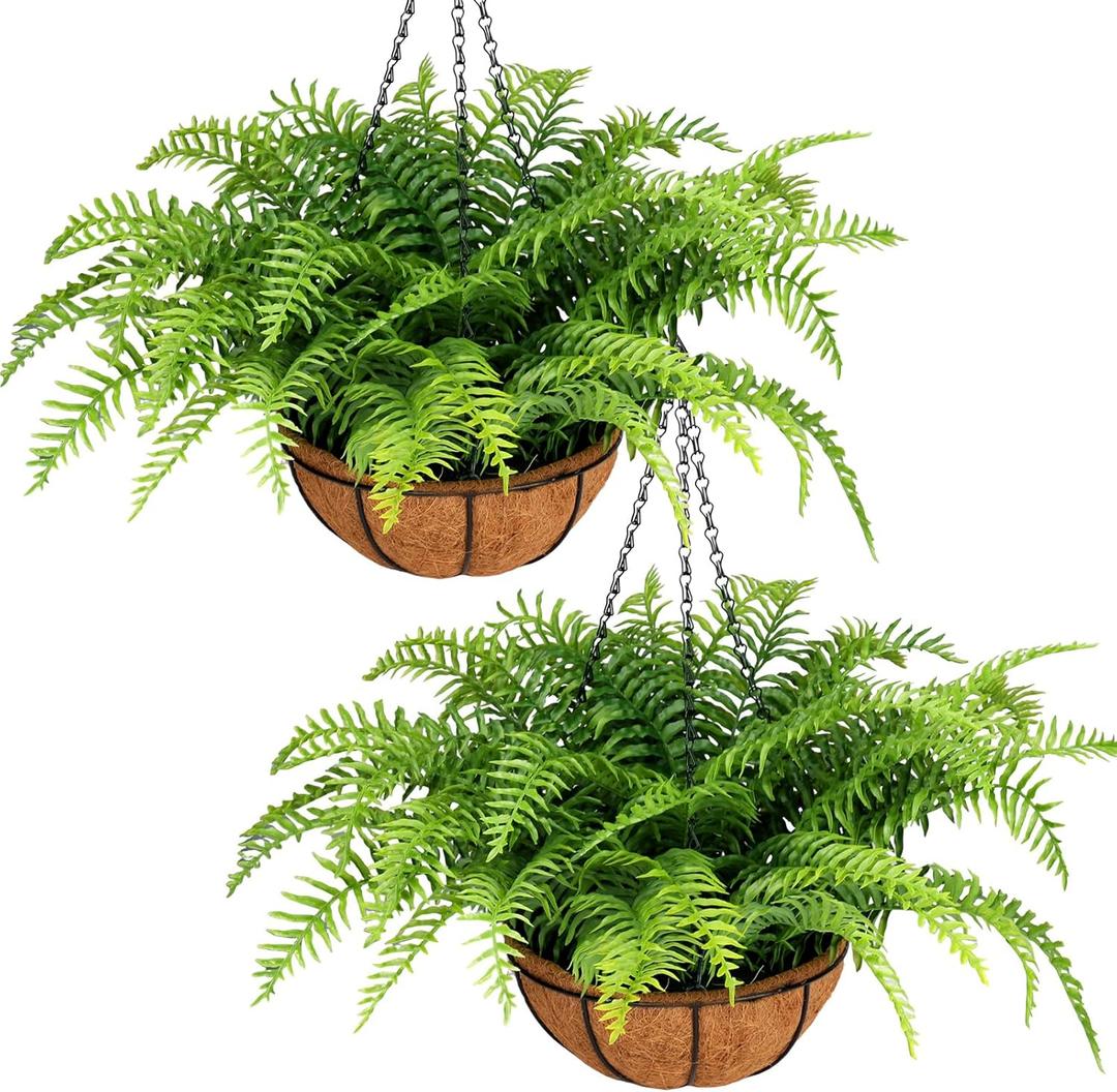 2 Set Fake Ferns with Hanging Baskets, Artificial Boston Ferns for Outdoors, Fake Hanging Ferns Outdoor Artificial Hanging Plants for Front Porch Garden Balcony Patio Home Decor, No Assembly (Green X 2)