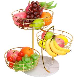 Livabber Fruit Basket Bowl with Banana Hanger, Metal Fruit Vegetable Storage Basket with Banana Holder for Kitchen Counter, Detachable Organizer for Bread Snack Produce (Gold, 3-Tier Marble Base)
