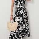 Women's Black Floral Maxi Dress Casual Sleeveless V-Neck Vacation Beach Summer Dress for Women (XL)