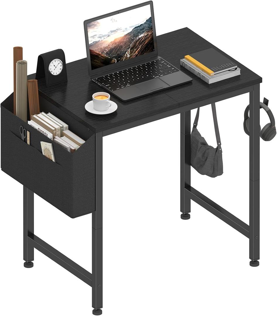 Lufeiya Small Desk for Small Spaces, 24 Inch Kids Girls Study Writing Mini Desks for Bedroom, Simple Modern Laptop PC Little Side Table with Storage Bag Headphone Hooks, Black, 23.6
