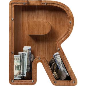 ladenk 12 Inch Extra Large Wooden Kids Letter Piggy Bank - Piggy Bank for Boys Girls - Initial R Bank - Alphabet Money Bank for Birthday