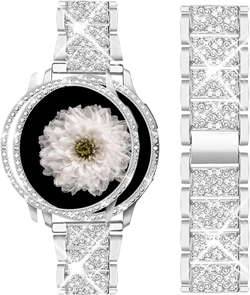 Mosonio Compatible with Samsung Galaxy Watch FE 2024 40mm/Galaxy Watch 5 Band 40mm 44mm/ Galaxy Watch 4 Band 40mm 44mm with Protective Cover Case, 20mm Bling Metal Galaxy Watch Band for Women (Silver, Black, Rose Pink, Rose Gold, Colorful, Starlight)