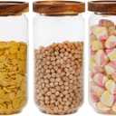 Bekith 3 Pack Glass Storage Containers with Airtight Seal Acacia Wood Lids, 31.6 FL OZ (950ml) Clear Glass Food Storage Jars for Kitchen, Glass Pantry Canister for Spaghetti Pasta, Coffee, Beans