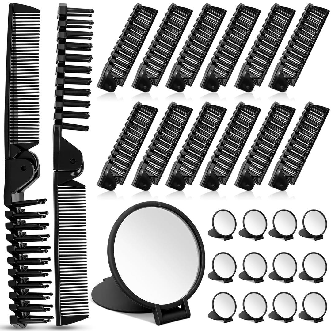 LemonRoad 24 Pcs Foldable Hair Brushes Set 12 Travel Compact Combs Folding Hair Brush 12 Compact Folding Makeup Mirrors for Women Men Homeless Charity Church Christmas Party Gift