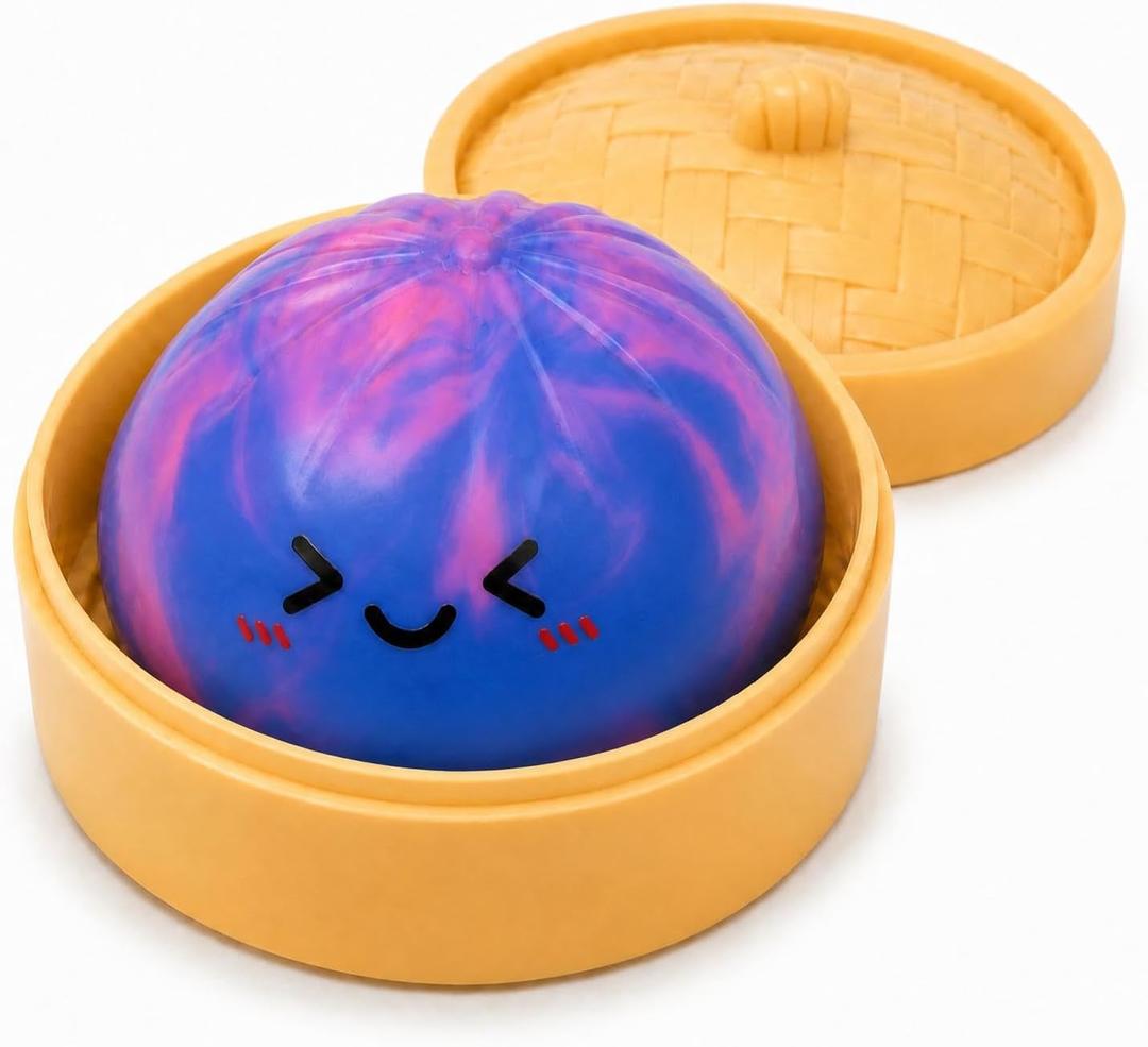 Blue-Pink Tie Dye Dumpling Squishies Toys with Food Steamer,Colorful Squeeze Dough Fidget Sensory Stress Balls,Stretchy Hand Desk Toys for Stress Relief Squishies Dumpling Gifts