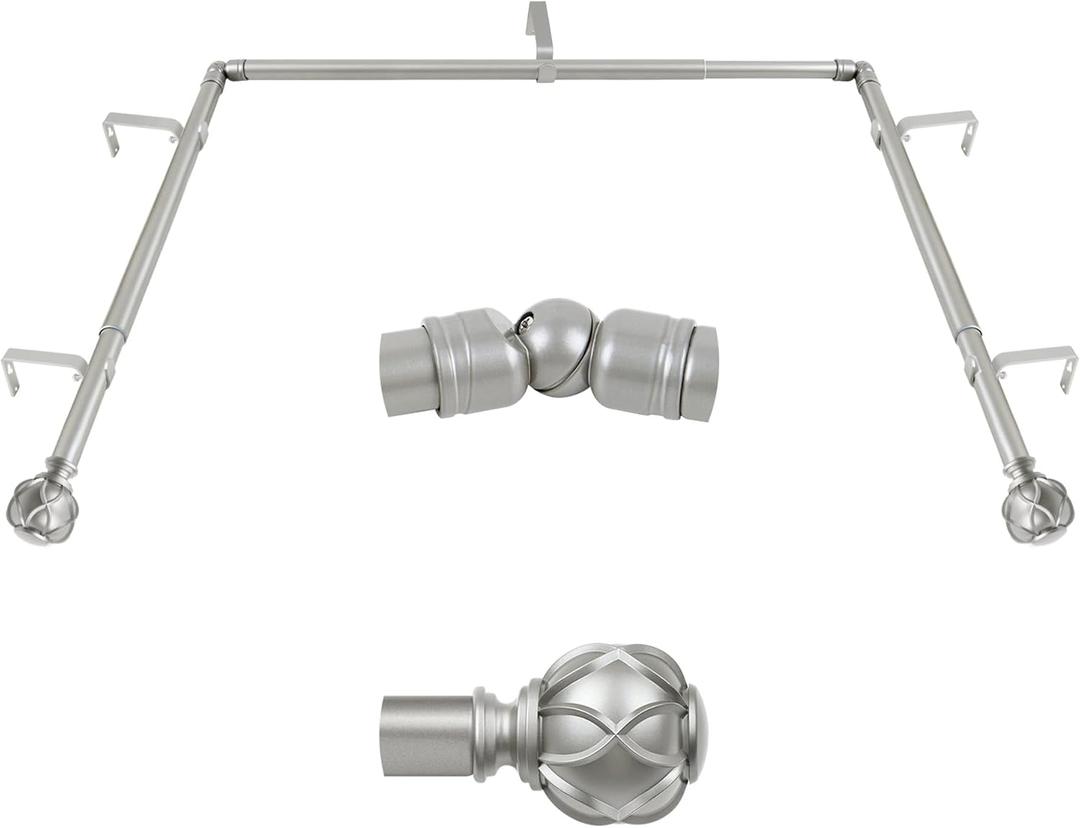 KAMANINA 1 Inch Bay Window Curtain Rods, Telescoping Curtain Rods for Bay Windows 36 to 72 Inch(Center rod), Silver drapery Rods 20 to 36 Inch(Side rods), Netted Texture Ends