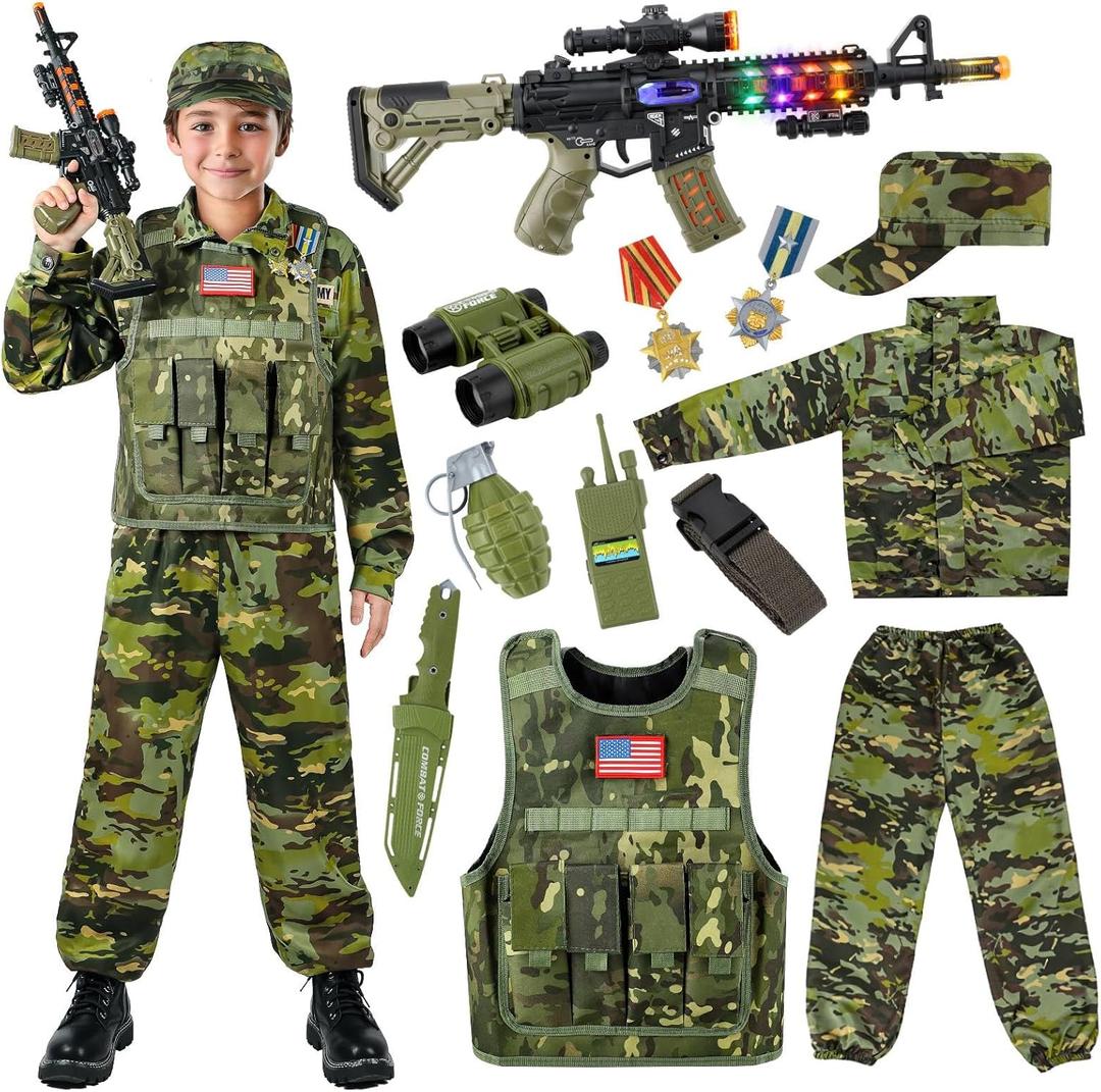 Kids Army Costume for Boys, Military Soldier Costume with Army Toys, Boys Halloween Costume with Camouflage Vest, Solider Boy Dress M(6-8y Ht.45-50in)