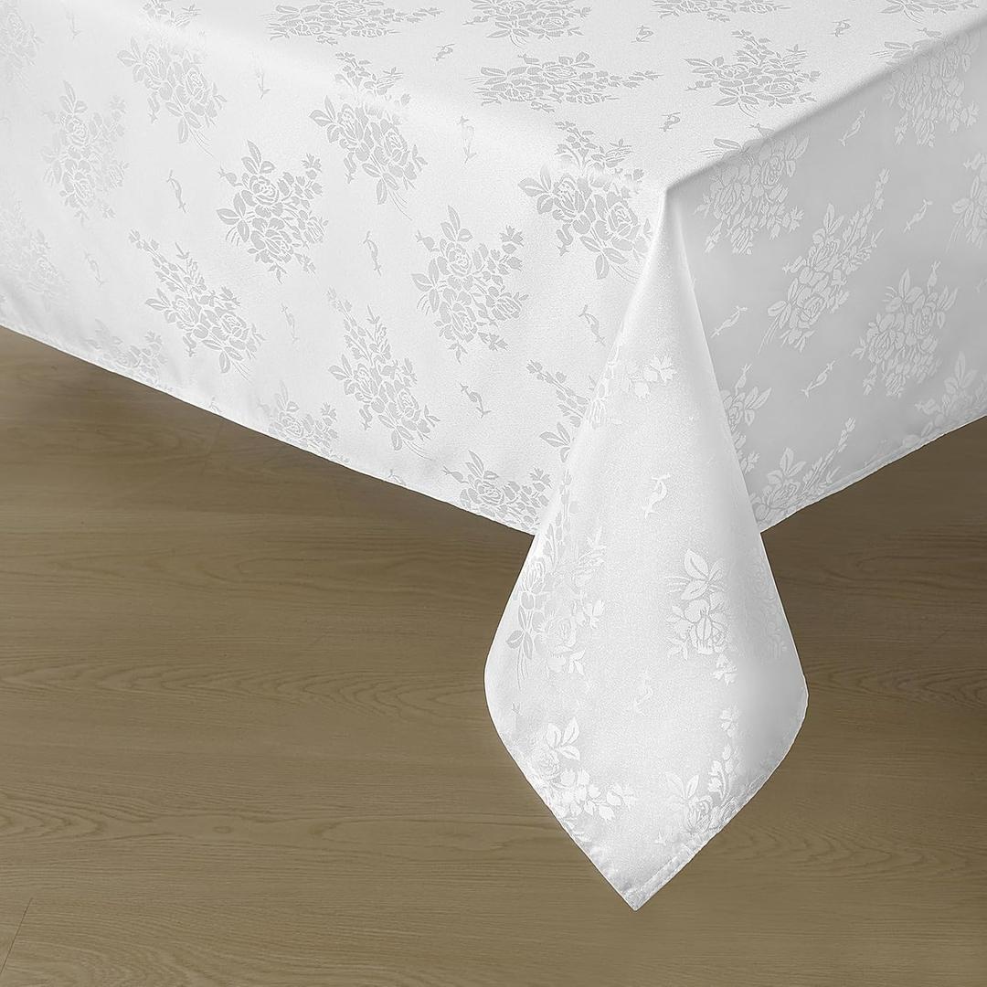 Romanstile Jacquard Rectangle Tablecloth, Waterproof Elegant Damask Rose Floral Pattern Table Cloth, Washable Decorative Polyester Table Cover for Kitchen/Dining/Parties - White, 60 x 120 Inch