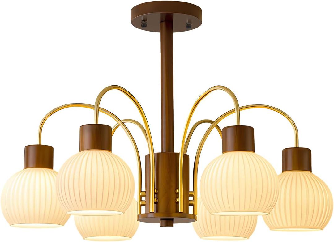 KCO Lighting 6-Lights Ribbed Milk Glass Chandelier Farmhouse Rustic Walnut Wood Chandelier Lighting Frosted White Globe Pendant Light Mid Century Modern Gold Semi Flush Mount Ceiling Light